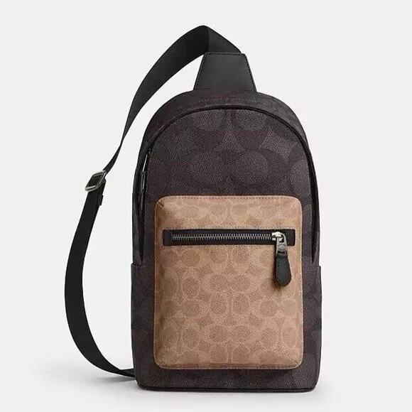 NWT Coach Men's West Pack In Blocked Signature Canvas CAB60 Walnut /Tan - Picture 5 of 9